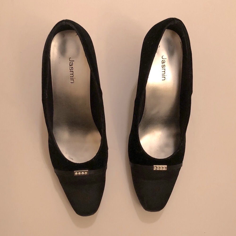Jasmin black velvet diamond heels, 11M, 2 in